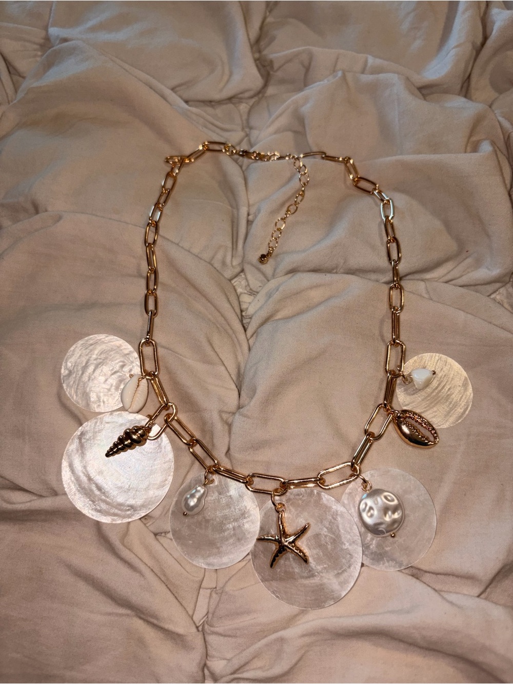 Free People Gold Chain Necklace with White Shell Discs and Charms